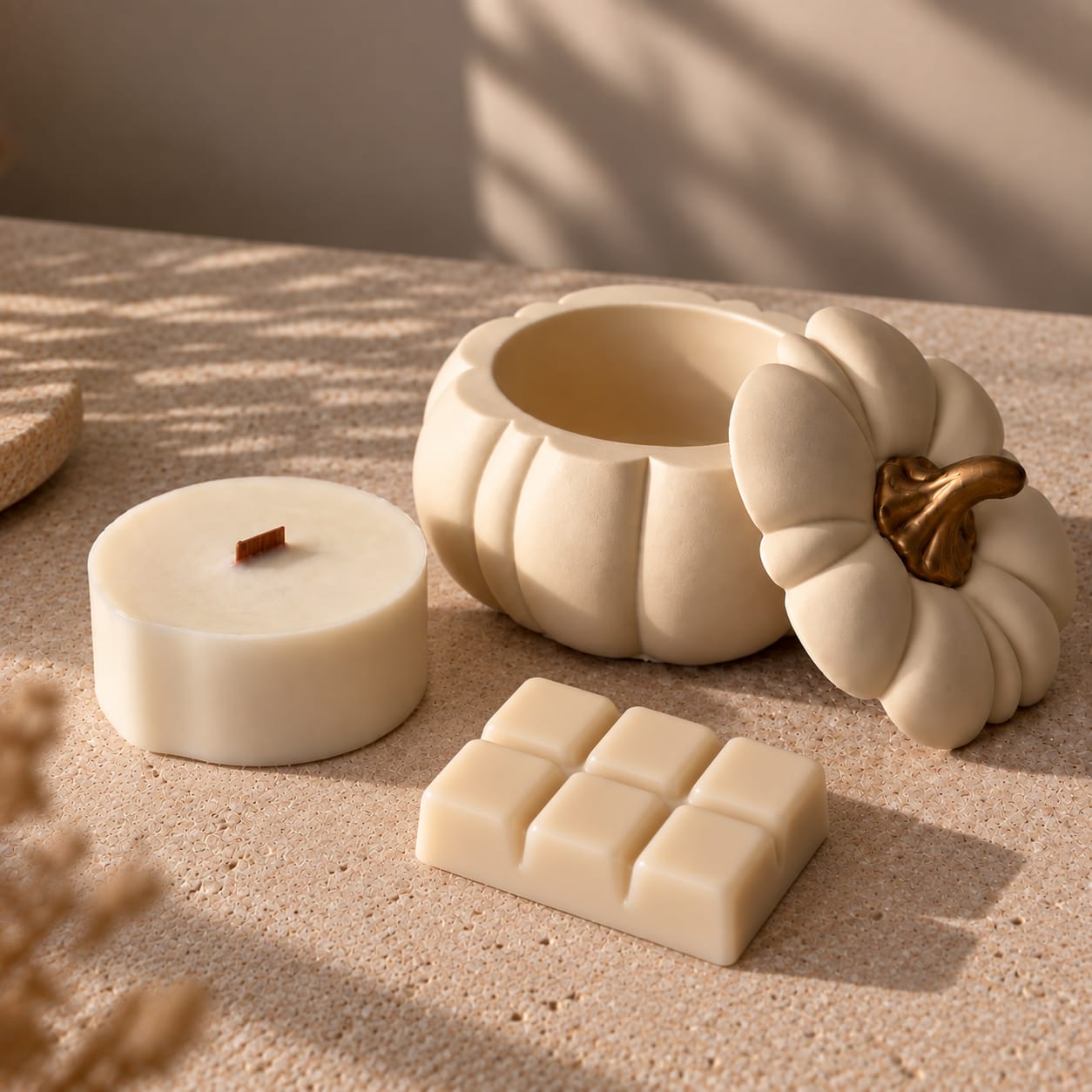 Vela calabaza recargable con su recarga y wax melt de la colección Otoño 2026 de Raíces & Trazos