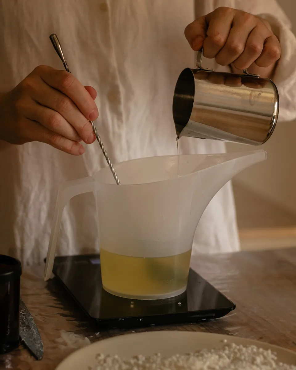 Elaboración artesanal de velas: vertido de cera vegetal en el taller