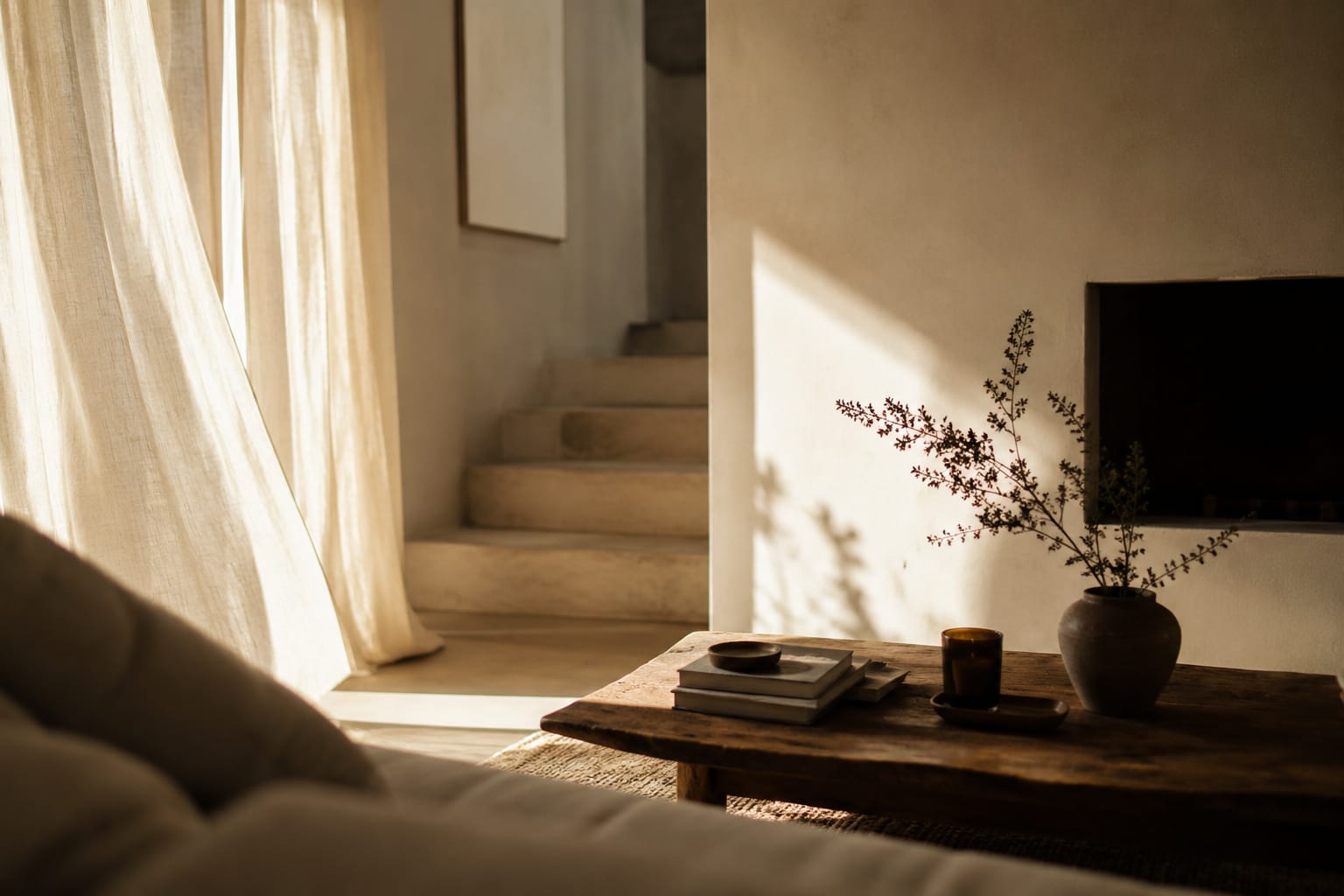 Salon con aromatización de Raíces & Trazos. Luz natural lateral. Ambiente tranquilo y sereno
