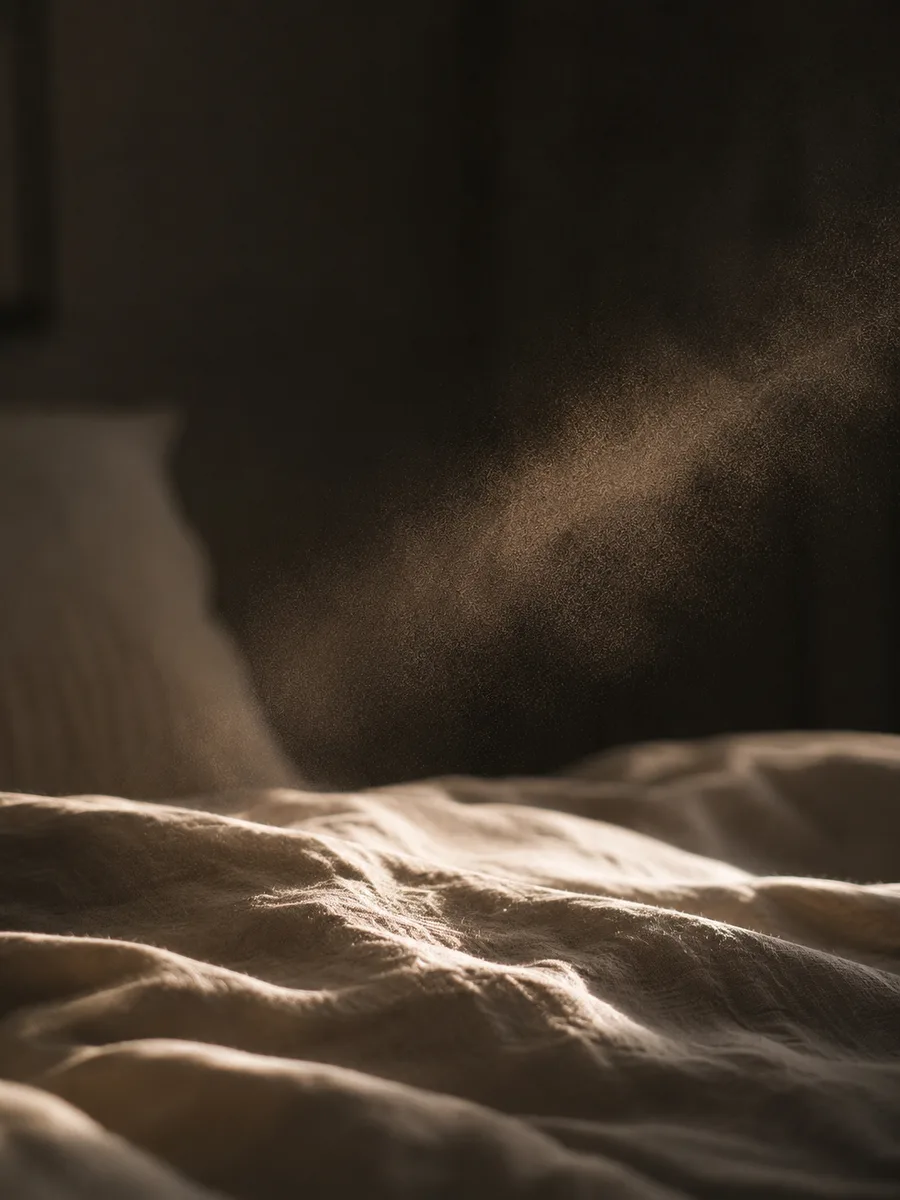 Spray de hogar pulverizado sobre la ropa de cama