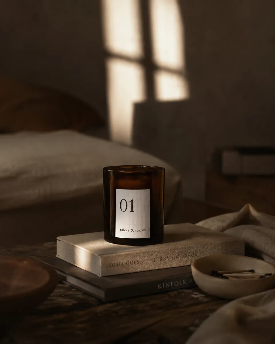 Vela artesanal de cera vegetal en vaso ámbar sobre libros en un dormitorio