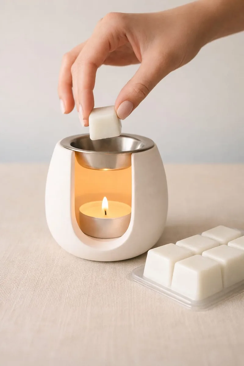Wax melt de cera vegetal fundiéndose en un quemador de cerámica